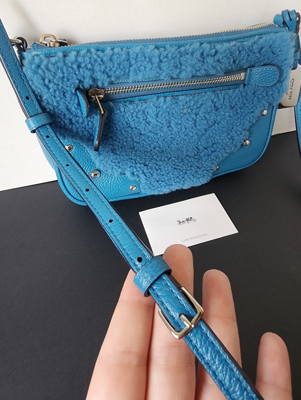 Coach Rhyder Faux Shearling & Leather Pouchette, Blue, Like New, 2015 - Picture 3 of 9